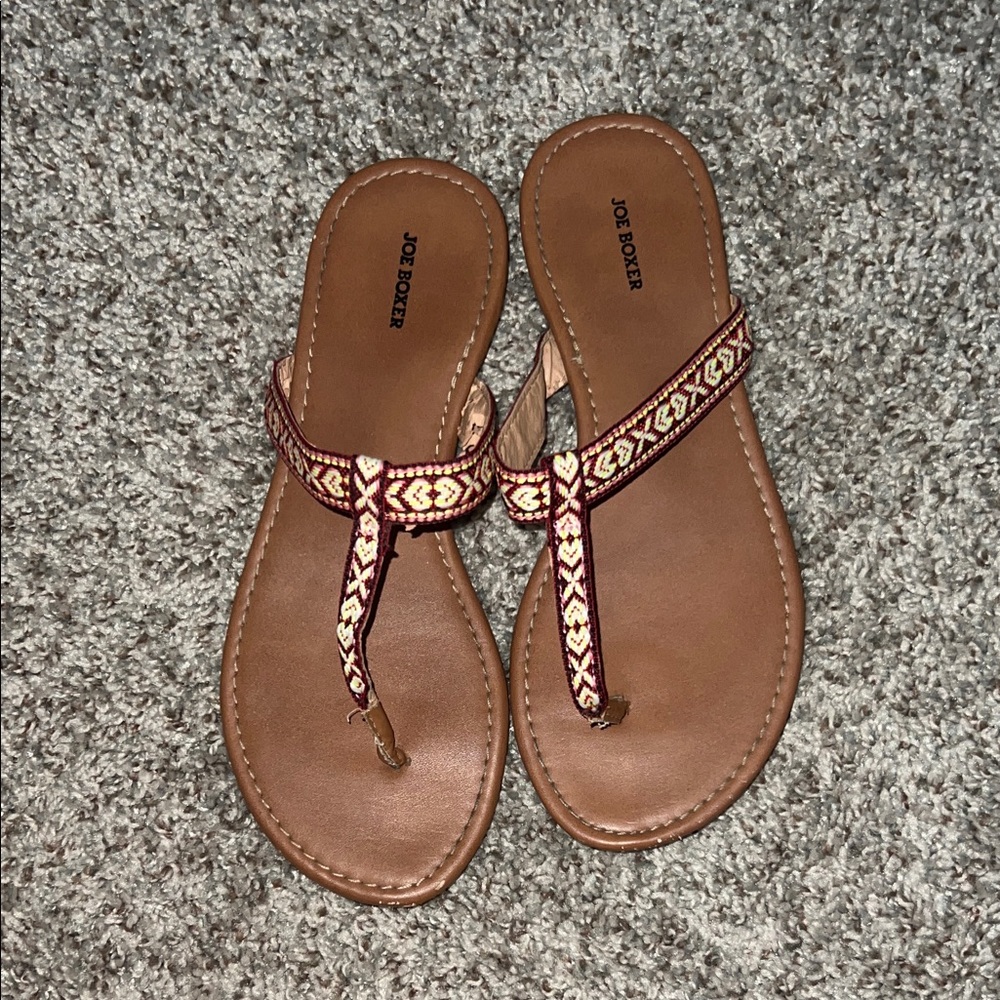 Joe Boxer Tan Sandals with Red and Cream Woven Straps Size 8